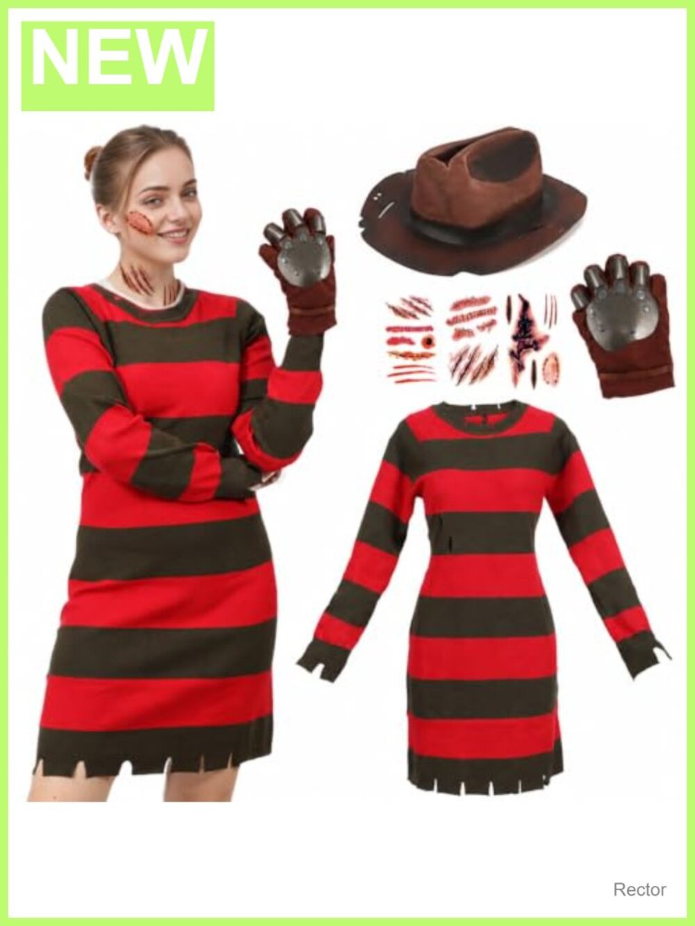 Scary Killer Costume 4 Pc Set Knit Sweater Dress Hat Glove Stickers Halloween